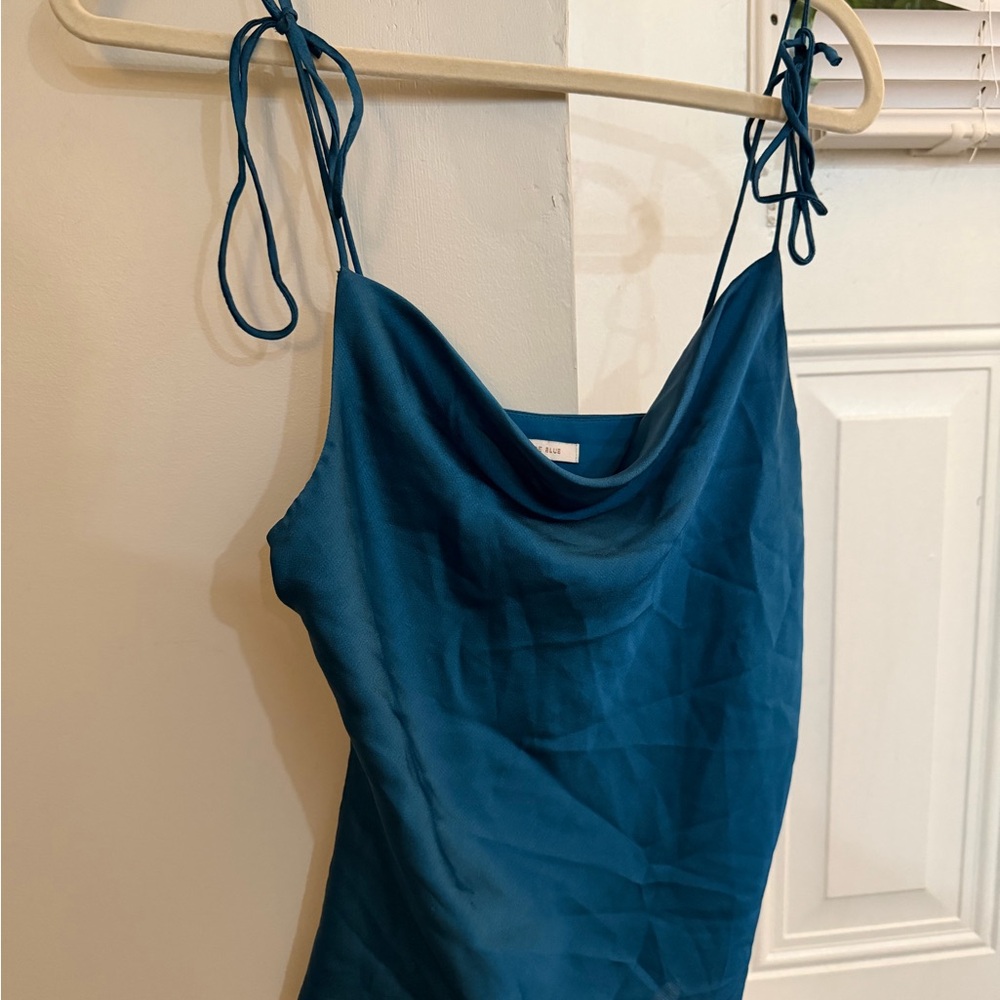Skies Are Blue Teal Tie-Shoulder Cowl Neck Satin Camisole